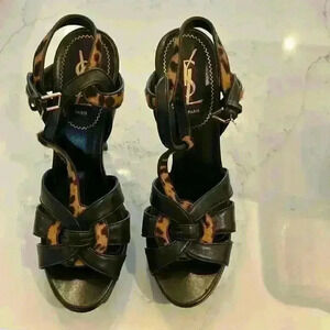 Stunning YSL platform sandals size 39 in brown leather with leopard trim